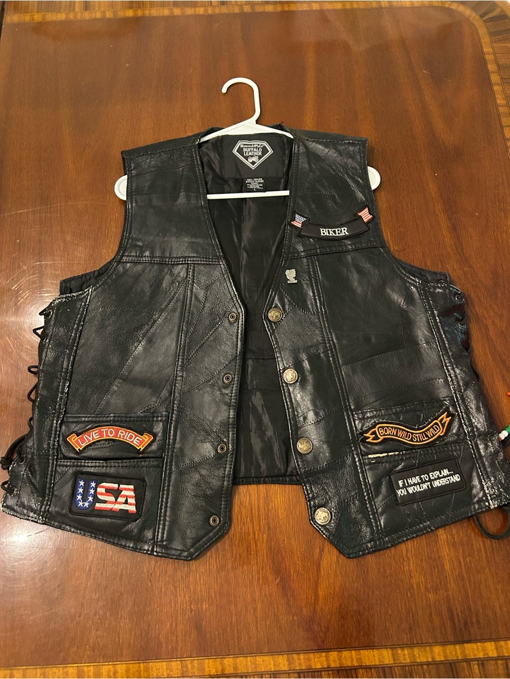 Men's Black Leather Biker Vest with Patch Details